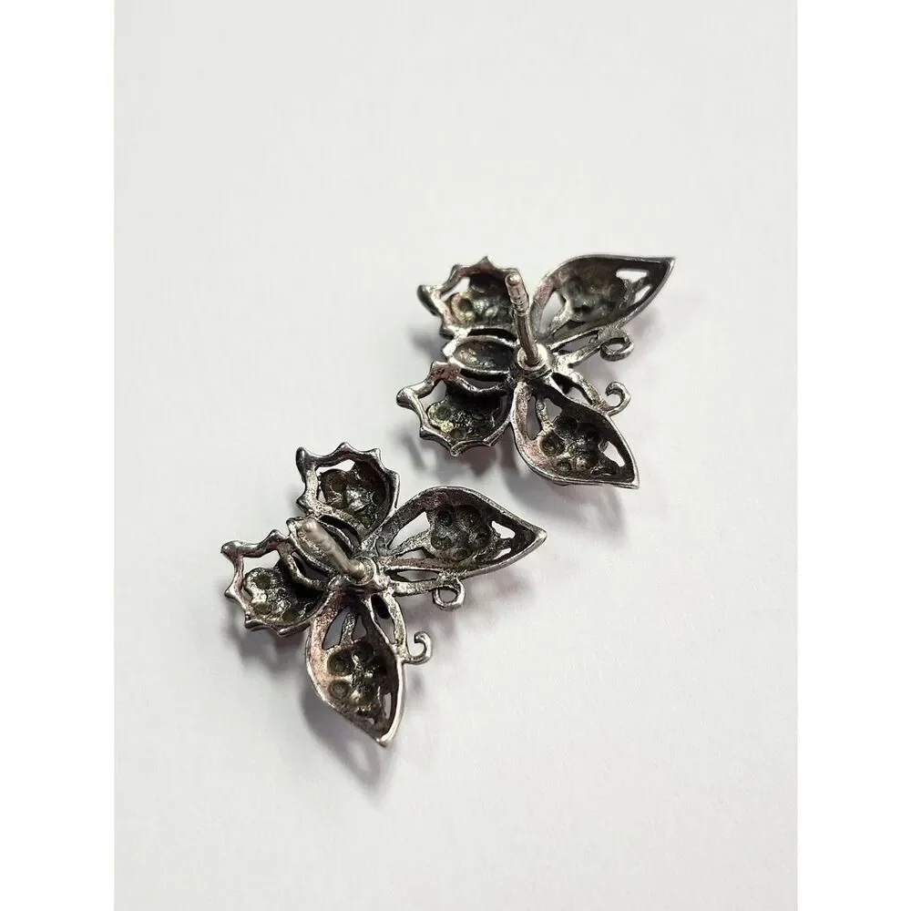 Vintage Sterling Silver Crystal Rhinestone Butterfly Earrings 925